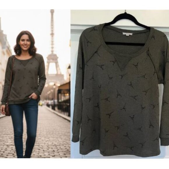 Pleione Women’s XL Army Green Eiffel Tower Print Long Sleeve Crewneck Pullover S - Picture 1 of 9